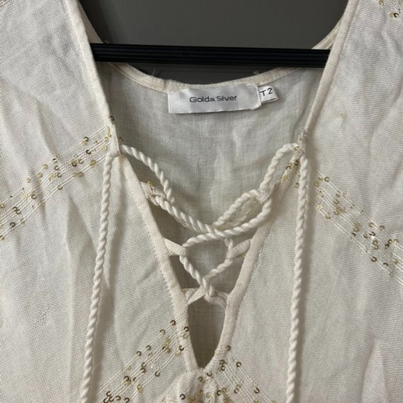 GOLD SILVER Ivory and Gold Sequins Maxi Beach Dress Plunging Neckline with Lace - Picture 7 of 8